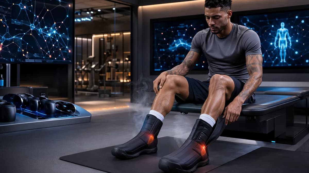 Elite athlete wearing futuristic recovery boots in a sleek sports technology lab.