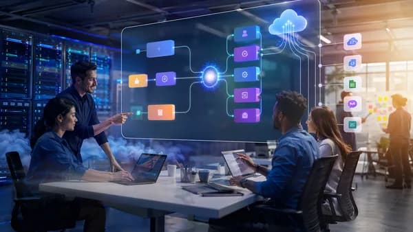 No-code AI workflow automation dashboard connecting apps, cloud services, and decision nodes.