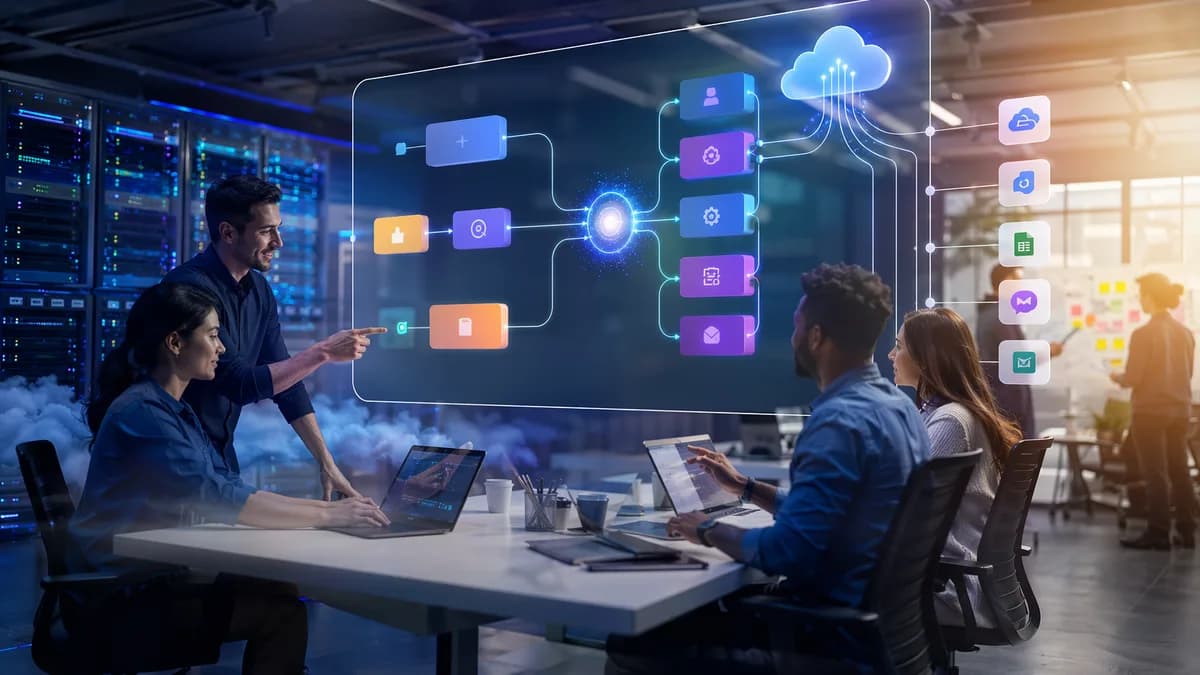 No-code AI workflow automation dashboard connecting apps, cloud services, and decision nodes.