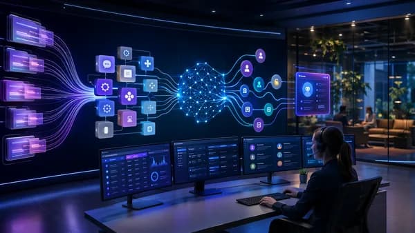 Futuristic SaaS support hub with AI chatbot modules reducing ticket flow