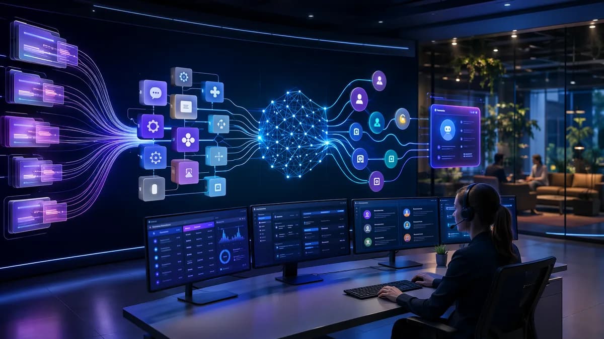 Futuristic SaaS support hub with AI chatbot modules reducing ticket flow