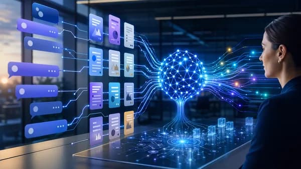 Futuristic workspace showing AI converting internal documents into chatbot answers