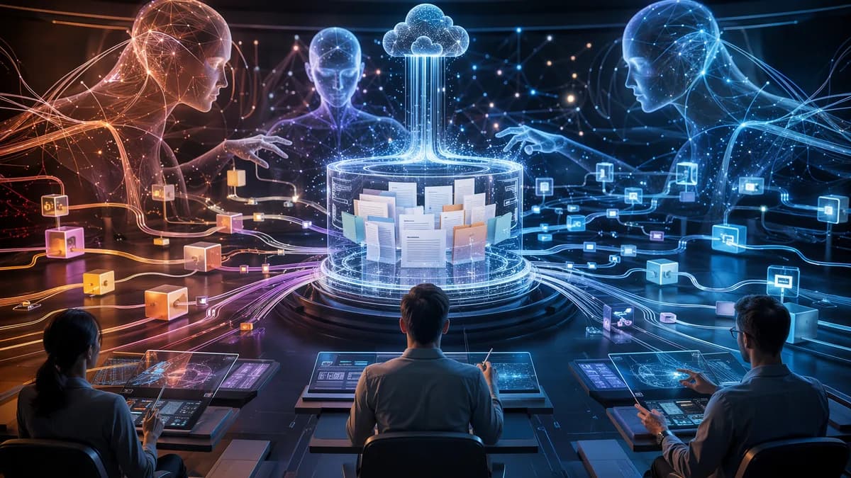 Three AI chatbot builders compete around a glowing company document hub in a futuristic workspace.