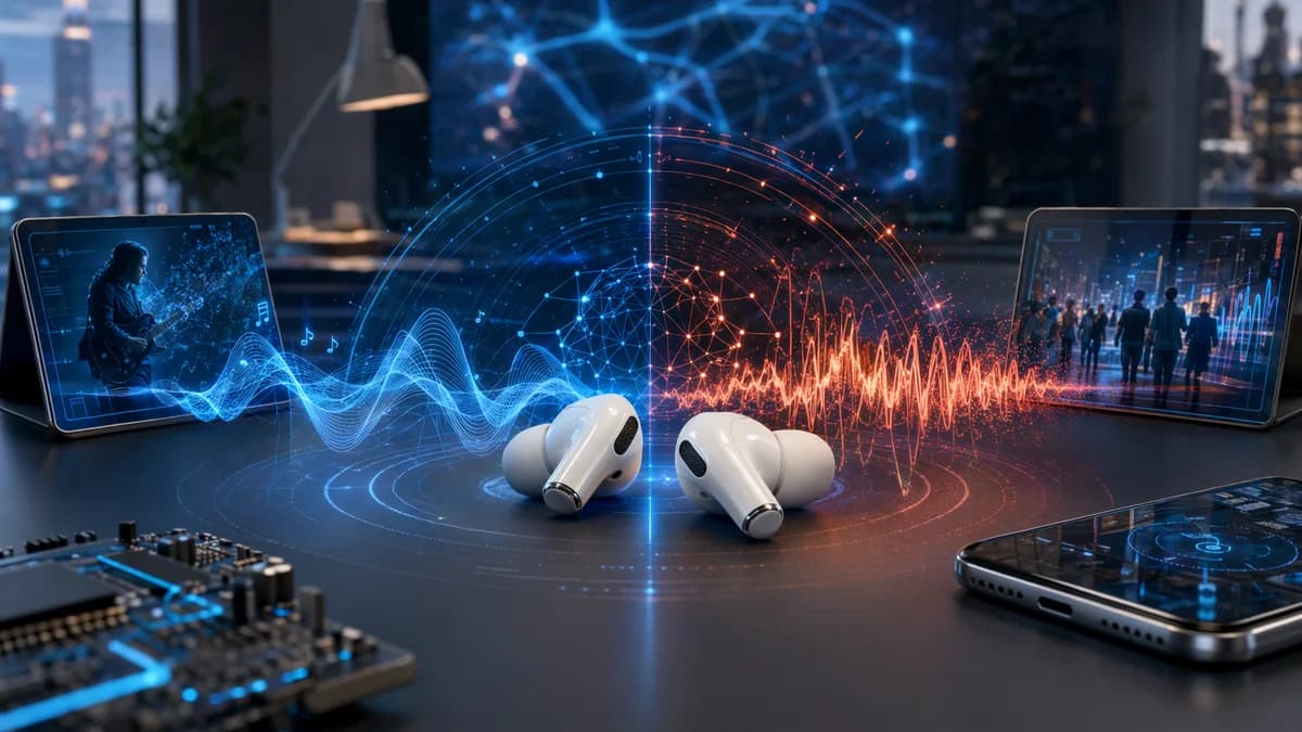 Wireless earbuds in a futuristic workspace with distorted call audio waves and tech signal visuals.