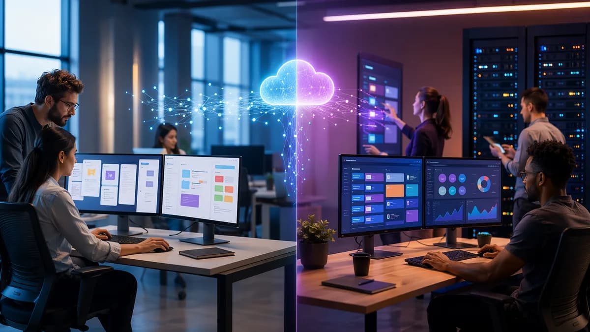 Split SaaS workspace showing AI-assisted docs on one side and task dashboards on the other.