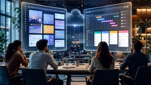 Small business team comparing flexible workspace and structured project dashboard