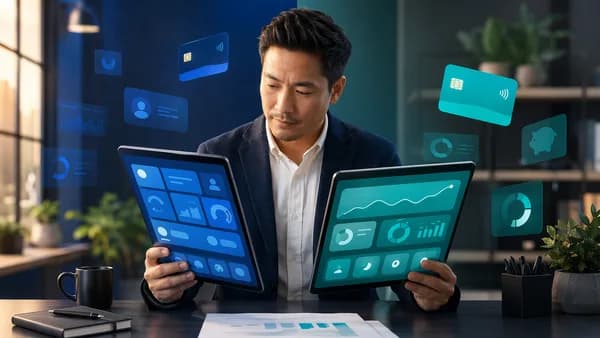 Small business owner comparing two digital banking apps in a modern fintech office setting.