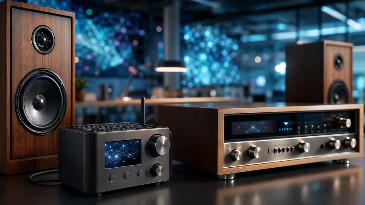 Compact internet radio player connected to vintage hi-fi in a futuristic tech workspace