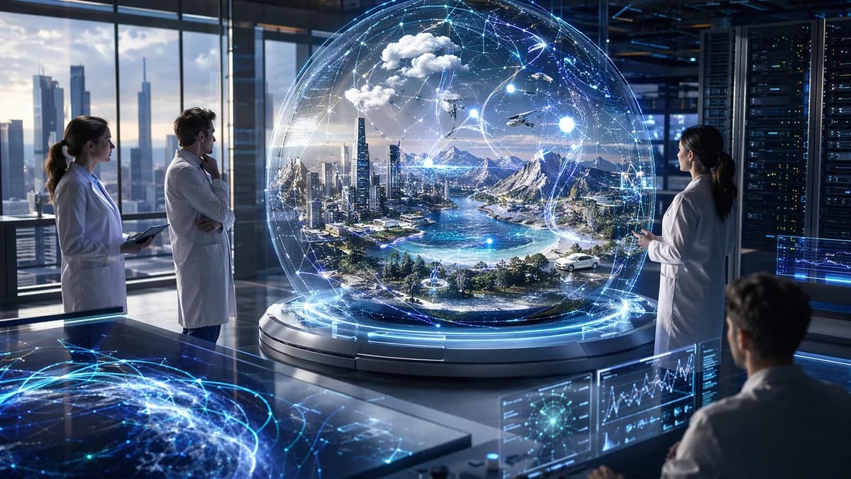 Futuristic AI lab showing a holographic world model simulation and venture-backed technology growth.