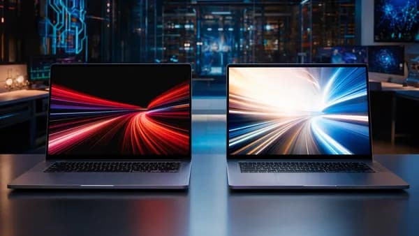Two futuristic laptops compare OLED contrast against Mini-LED brightness in a sleek tech workspace.