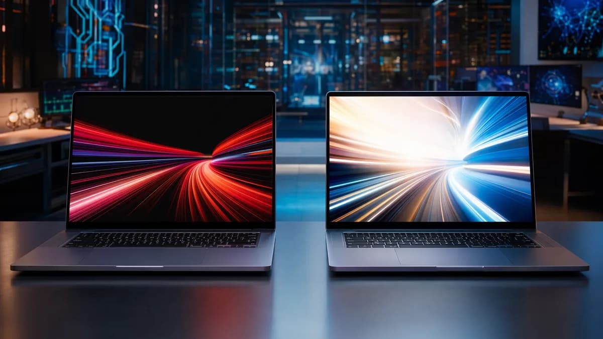 Two futuristic laptops compare OLED contrast against Mini-LED brightness in a sleek tech workspace.