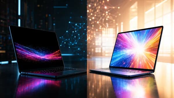 Two laptops in a futuristic workspace contrast OLED deep blacks with Mini-LED brightness.