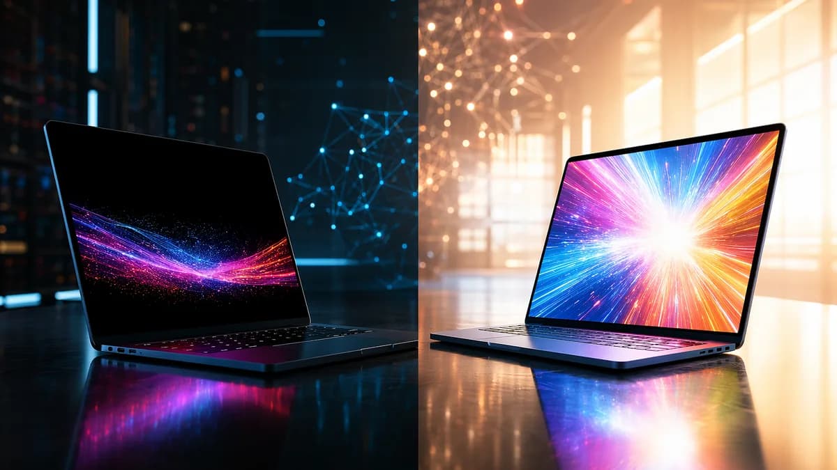 Two laptops in a futuristic workspace contrast OLED deep blacks with Mini-LED brightness.