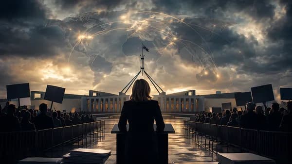 Stormy Australian political scene with anonymous leader, divided crowd, parliament silhouette, and global map overlay.