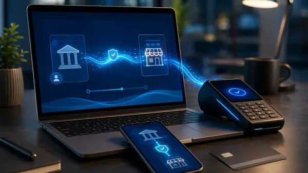 Open banking pay-by-bank checkout flow with cards in the background, highlighting lower payment fees.