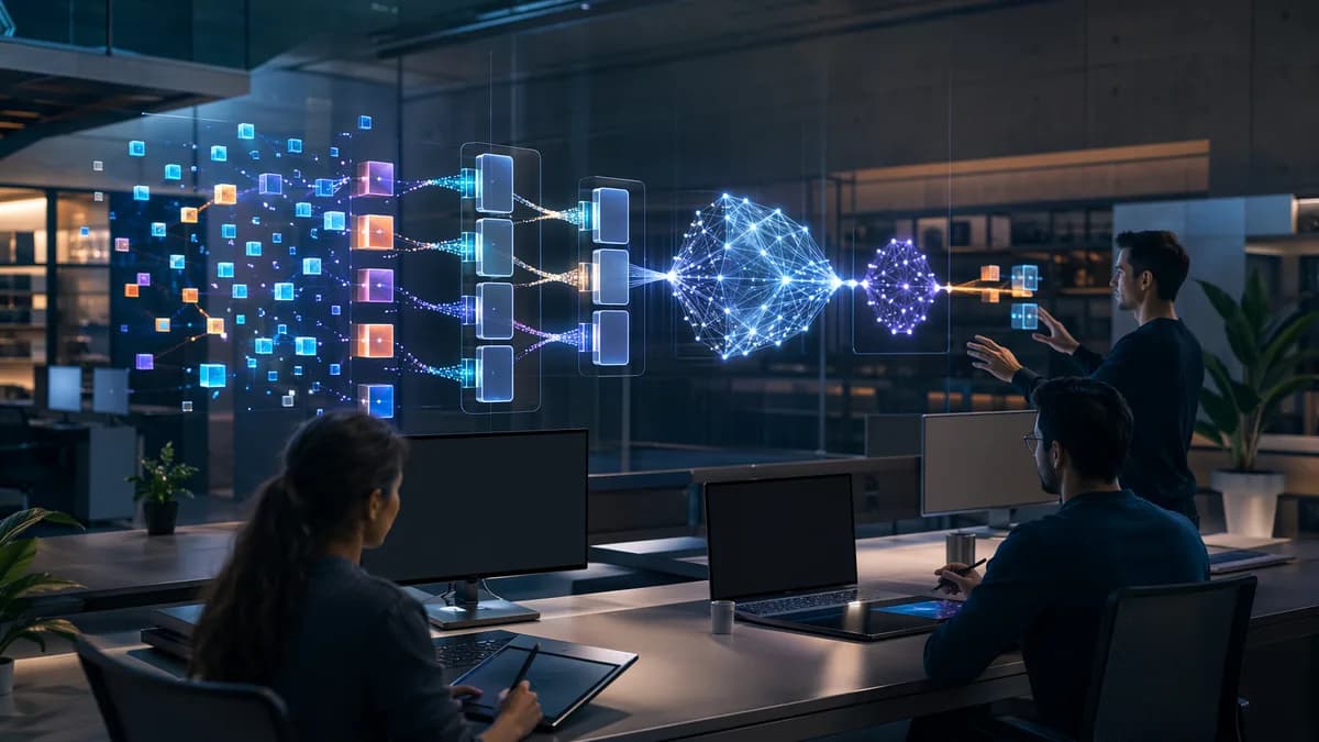 Small ML team managing synchronized AI data pipelines in a sleek futuristic workspace