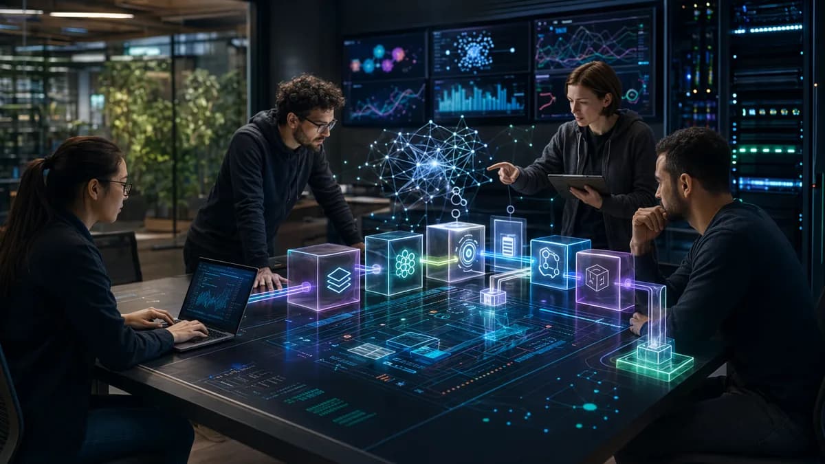 Small engineering team in a futuristic workspace using modular MLOps tools and AI network visuals