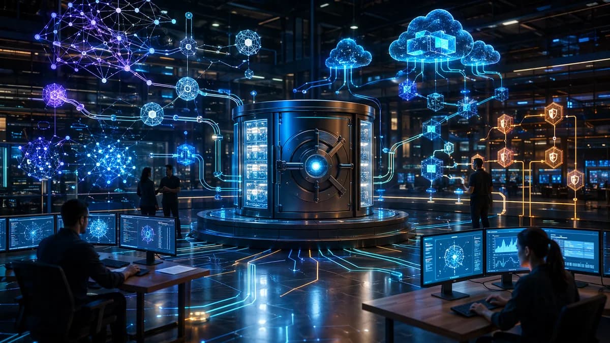 Futuristic MLOps workspace showing AI model registry, lineage paths, data pipelines, and governance controls.