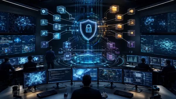 Enterprise cybersecurity stack with shields, locks, and pentest modules in a dark tech war room
