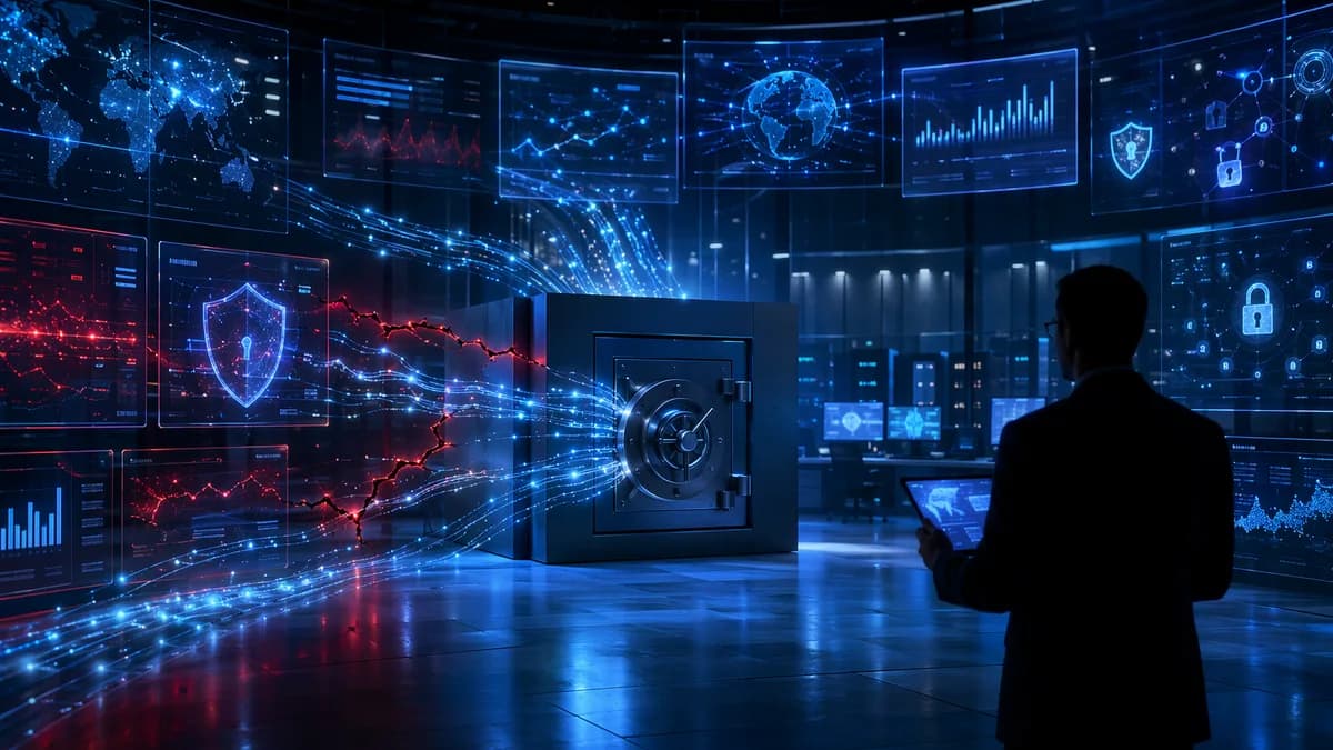 Cybersecurity audit scene with SIEM log streams, vault, shields, and highlighted data gaps.
