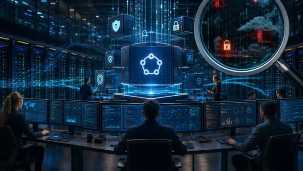 Security operations center showing SIEM protection, audit scrutiny, locks, shields, and encrypted data streams.