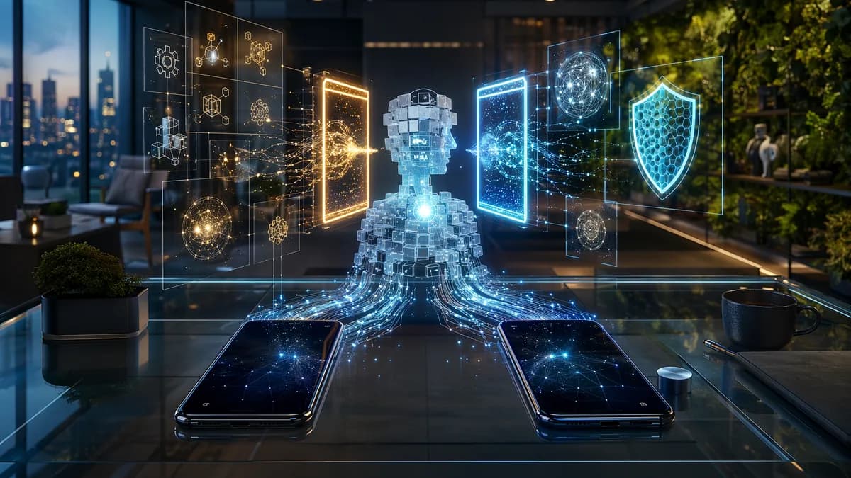 Smartphones in a futuristic AI workspace with neural networks and security permission holograms.