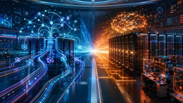 Futuristic AI hub showing competing inference platforms with routing paths and server clusters.
