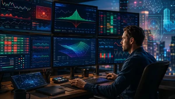 Retail options trader using algorithmic risk tools with market charts and warning overlays