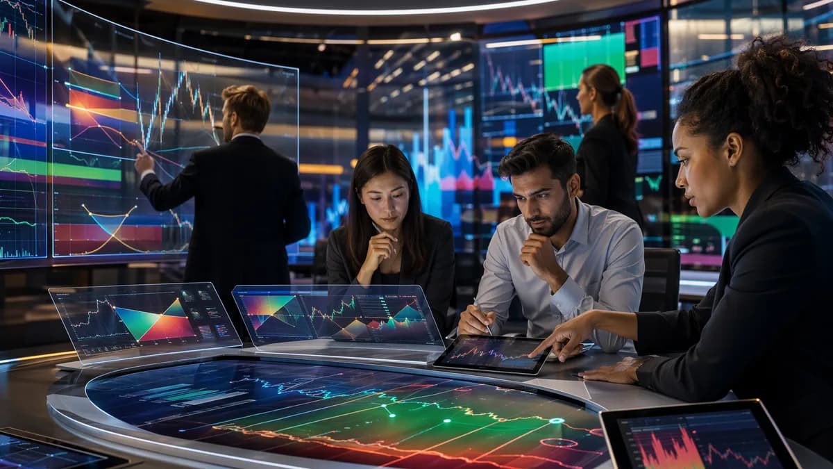 Traders analyze abstract options spread charts across multiple devices on a futuristic trading floor.