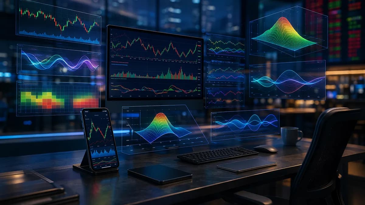 Modern options trading app with holographic risk charts and volatility visuals on a trading desk