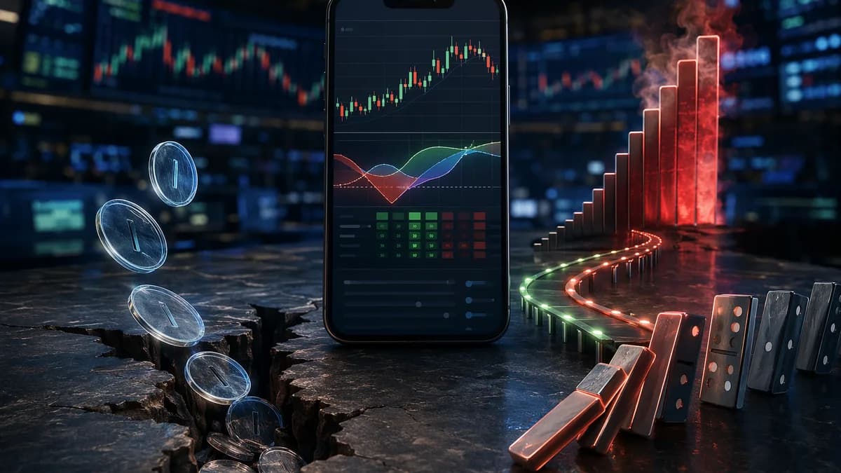 Smartphone trading app with charts and symbolic hidden fees draining value from options trades