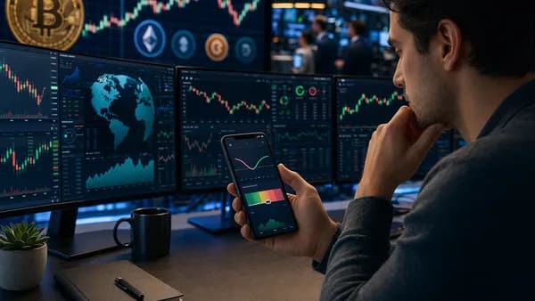 Beginner trader using a risk-focused options app with abstract market charts and protective visual cues.