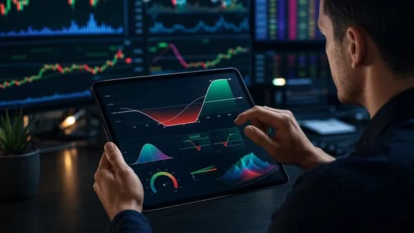Trader reviewing options risk analytics and max-loss visualization on a tablet amid market dashboards