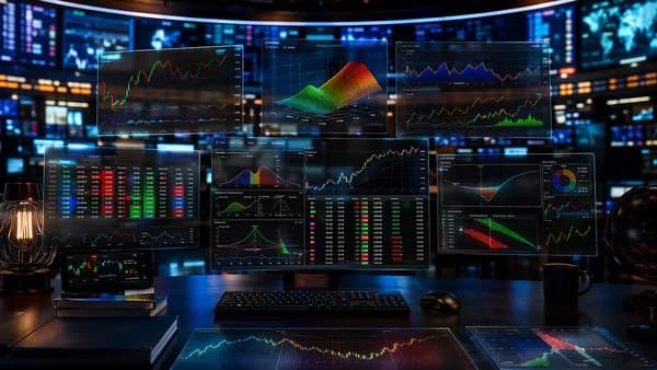 Trader workstation with abstract options risk dashboards, charts, and market data visualizations.