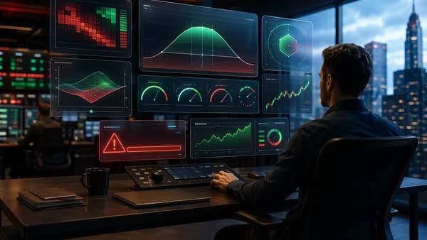 Trader workstation with floating risk analytics panels for options trading decisions.