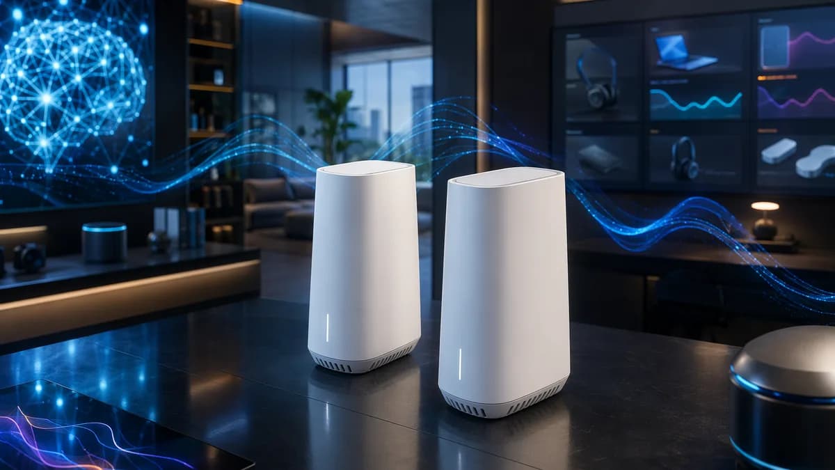 Two sleek Wi-Fi mesh routers in a futuristic tech workspace with glowing wireless signal waves.