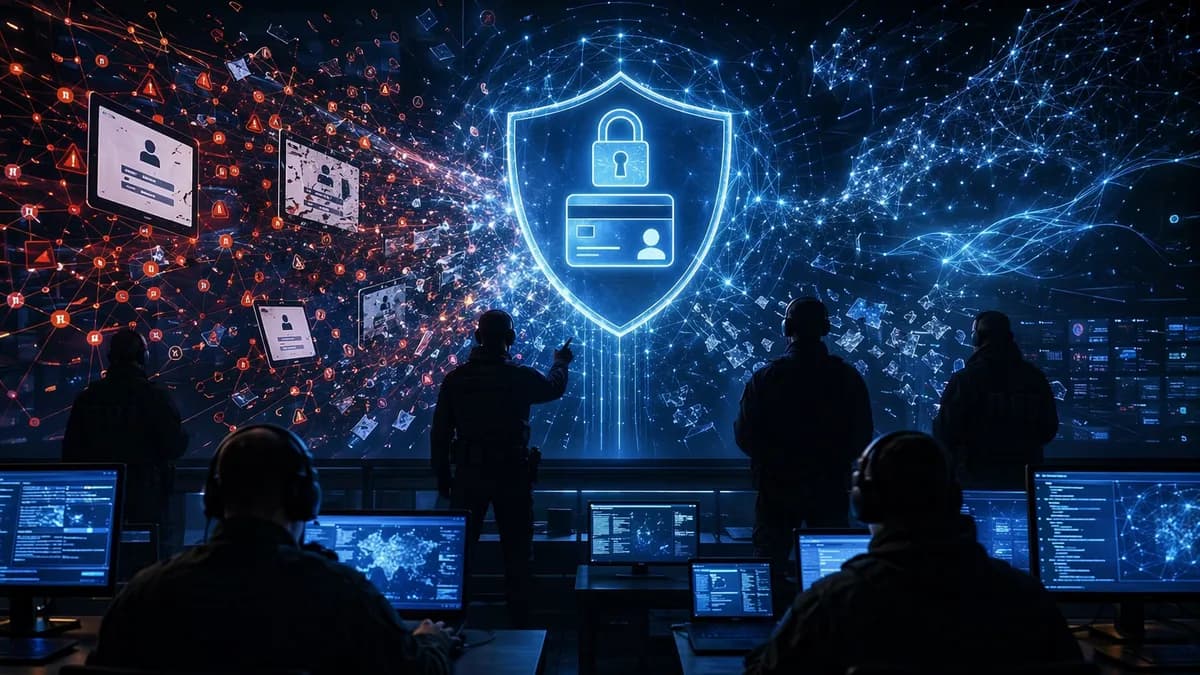 Federal cyber agents dismantle a vast AI phishing network behind glowing shields and locks.