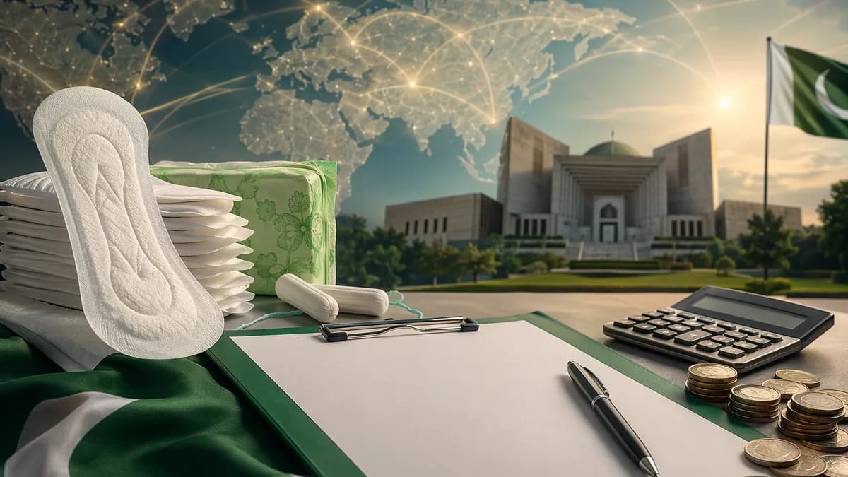 Sanitary products with tax and policy symbols against a global map and Pakistan-inspired colors