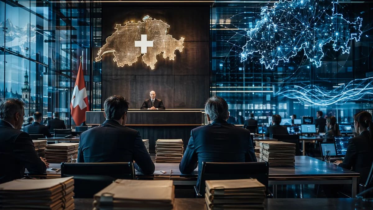 Swiss legal-tech courtroom and newsroom scene with data networks and anonymous executives under scrutiny