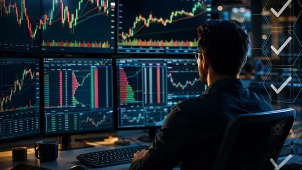 Modern trading desk with realistic paper trading charts, order flow visuals, and market data screens.