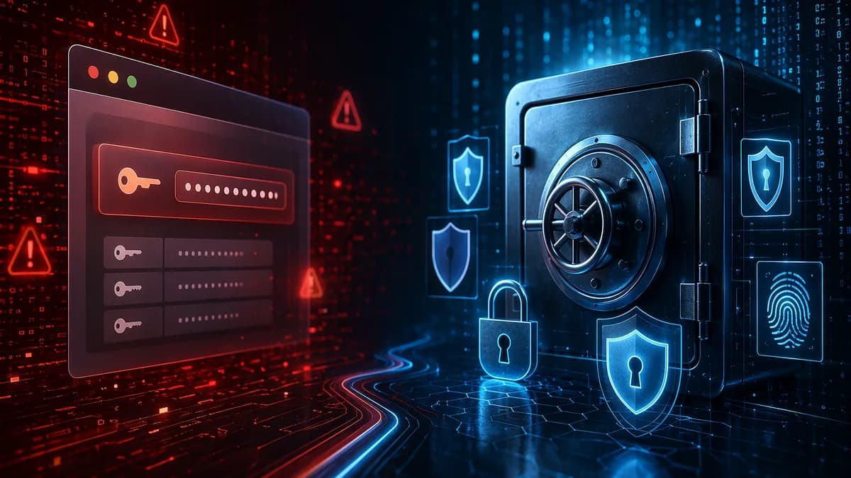Secure password vault contrasted with risky browser password storage in a dark cybersecurity scene