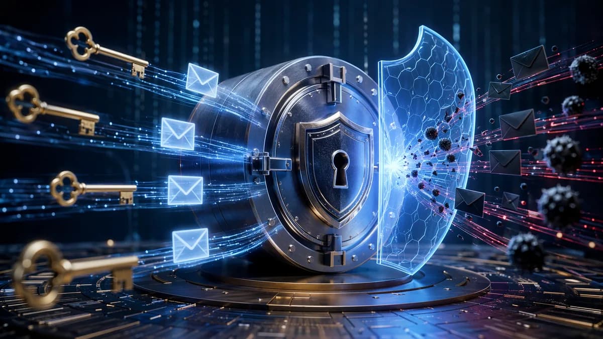 Secure password vault deflecting spam emails with shields, locks and encrypted data streams.