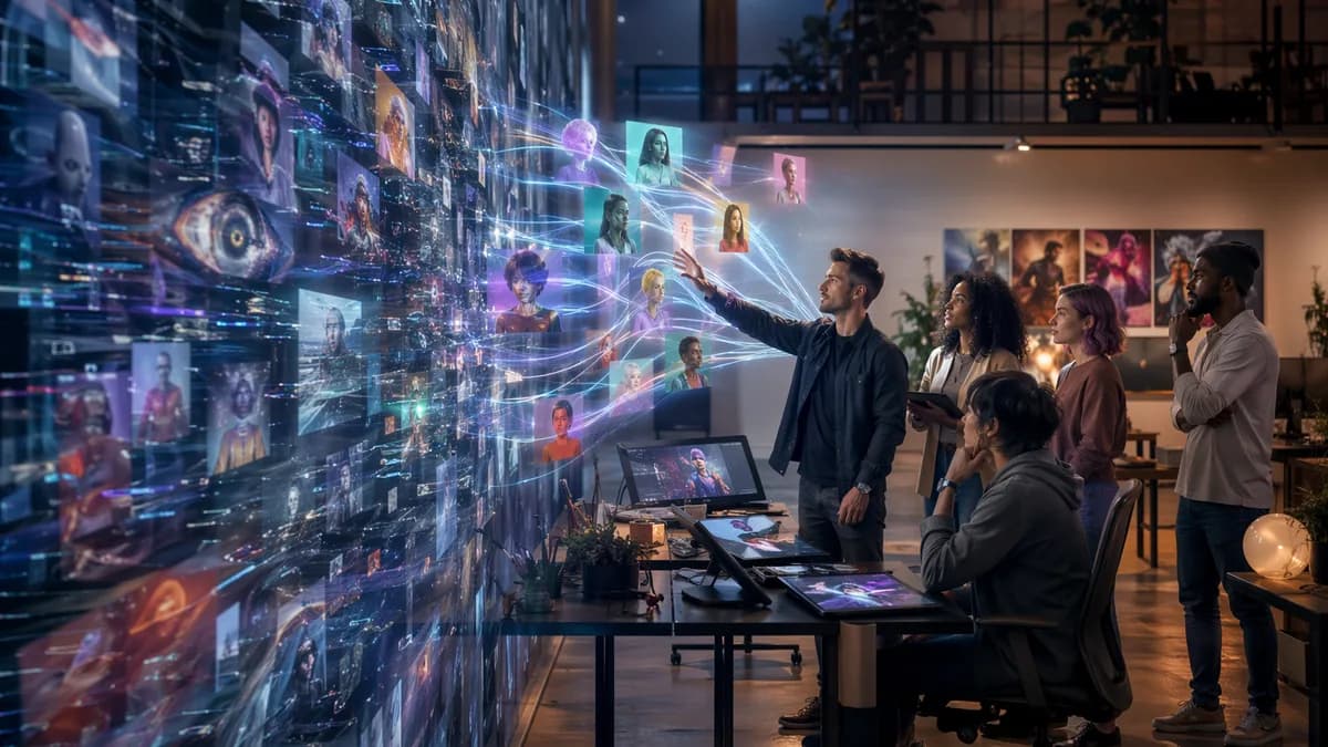 Creators connect with fans in a futuristic studio while AI content streams loom behind them.