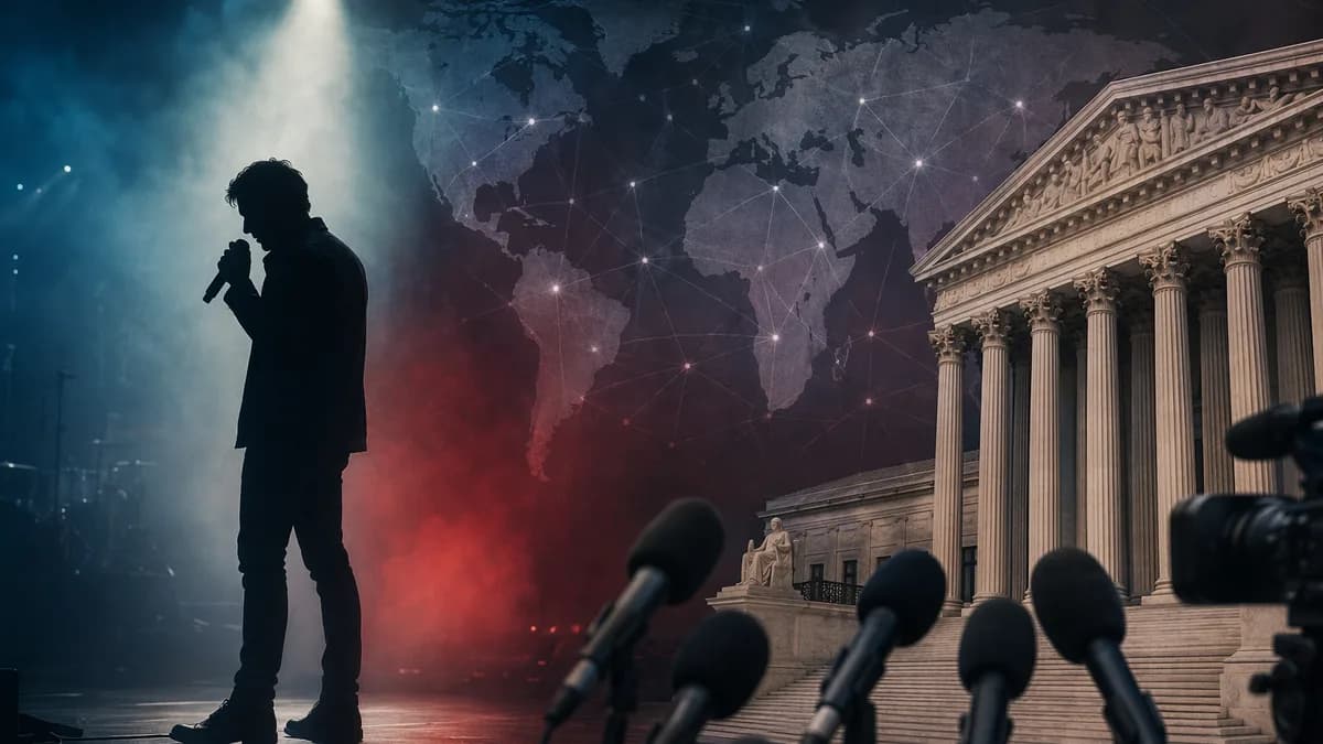 Anonymous singer silhouette, courthouse, microphones, and world map evoke a global legal controversy.