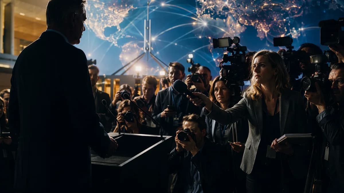 Politician and journalist face off in a media scrum with global map backdrop, symbolizing press freedom tensions.
