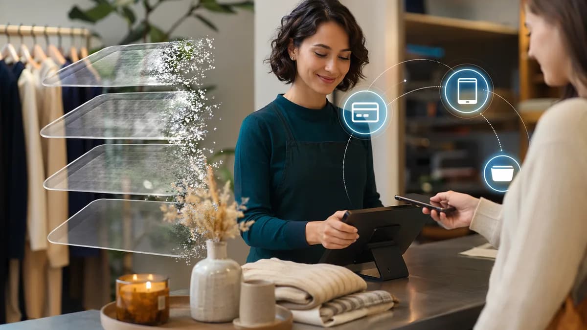 Small business checkout with digital payment terminal and transparent fee layers fading away