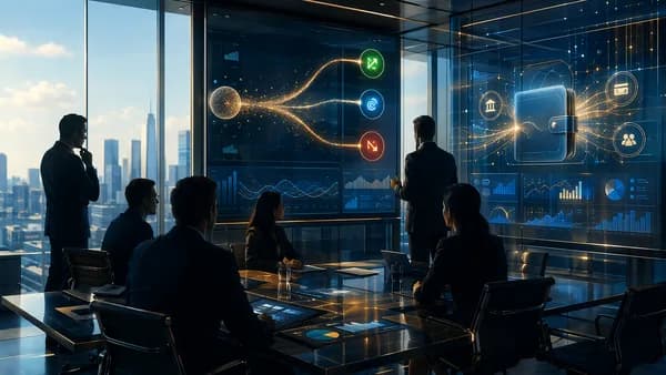 Fintech investment unit restructuring visualized with digital wallet dashboards and venture portfolio nodes.