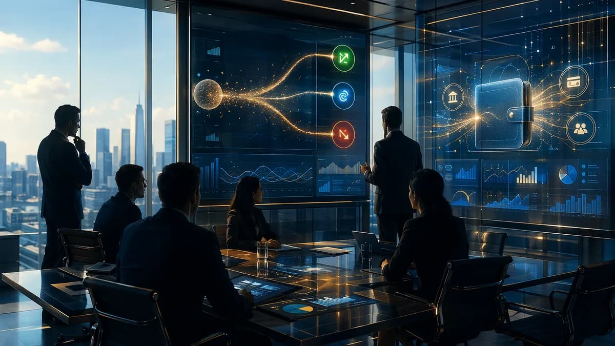Fintech investment unit restructuring visualized with digital wallet dashboards and venture portfolio nodes.