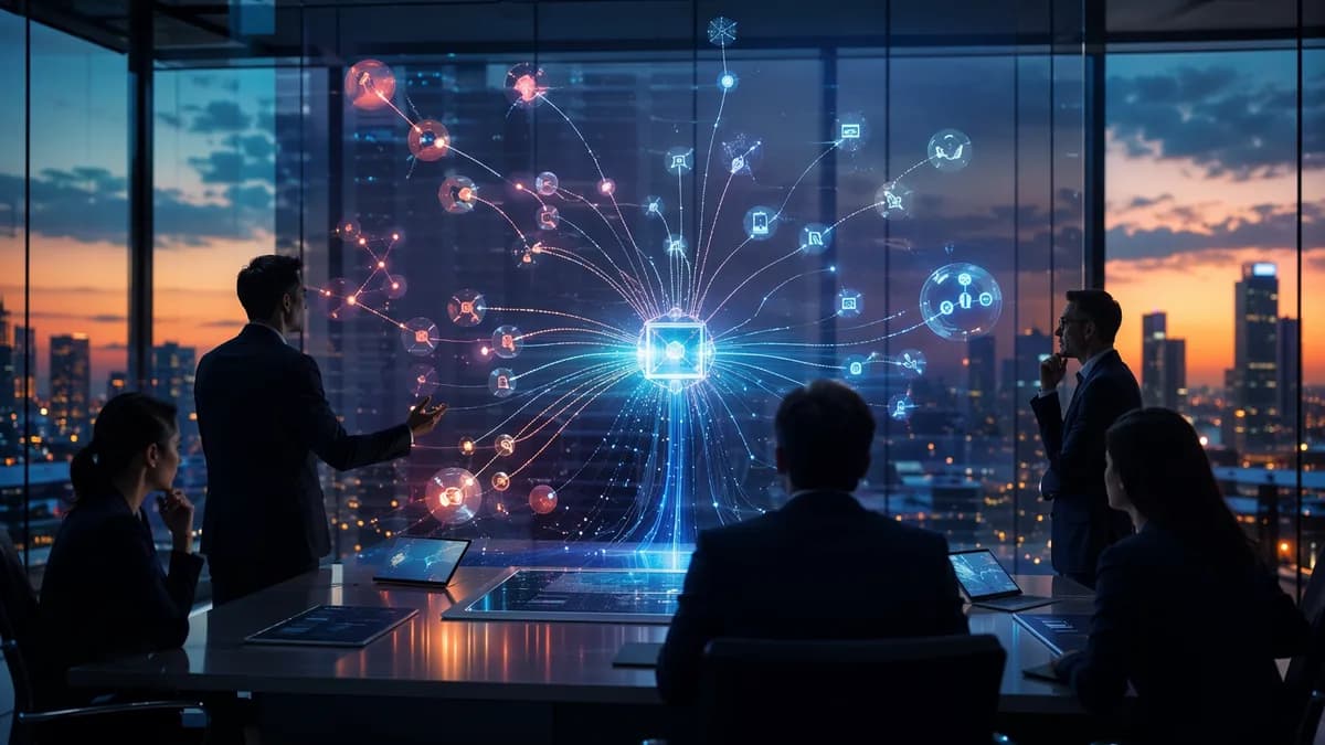 Fintech boardroom with fading startup network visuals signaling venture arm review and payments refocus