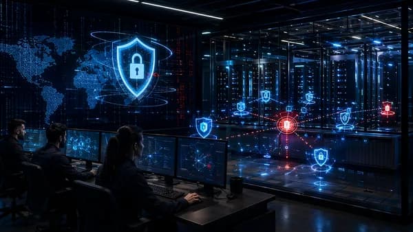 Dark cybersecurity lab with servers, shield icons, and simulated attack paths for penetration testing.